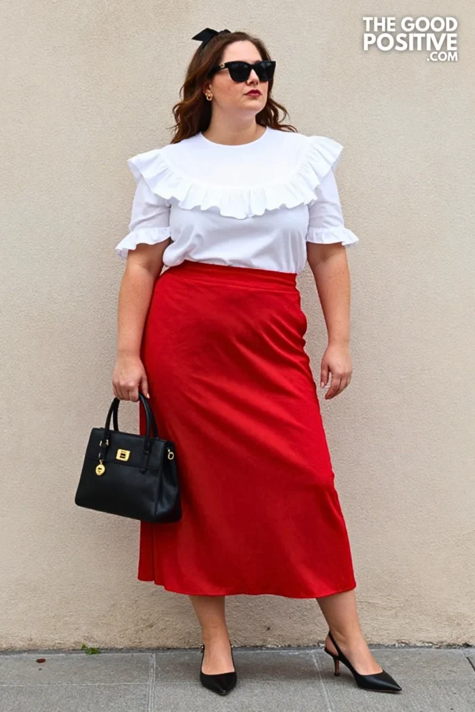 White Blouse With Cherry Red Maxi Skirt Outfit