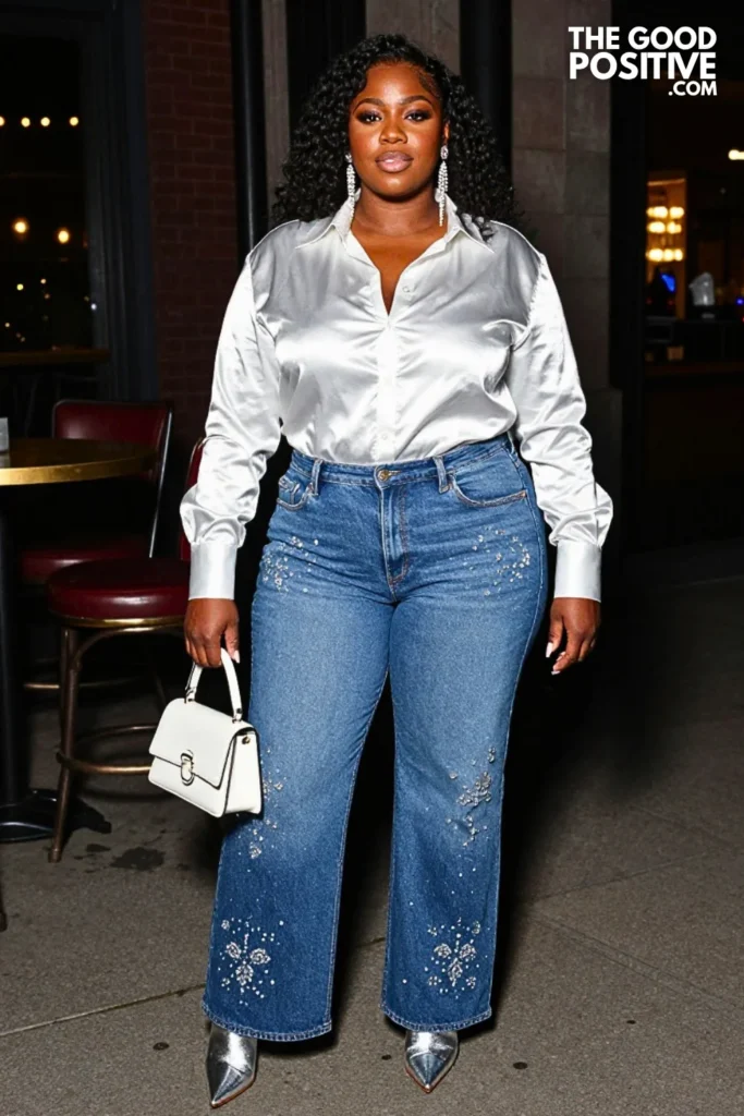 White Satin Shirt With Crystal-Embroidered Jeans