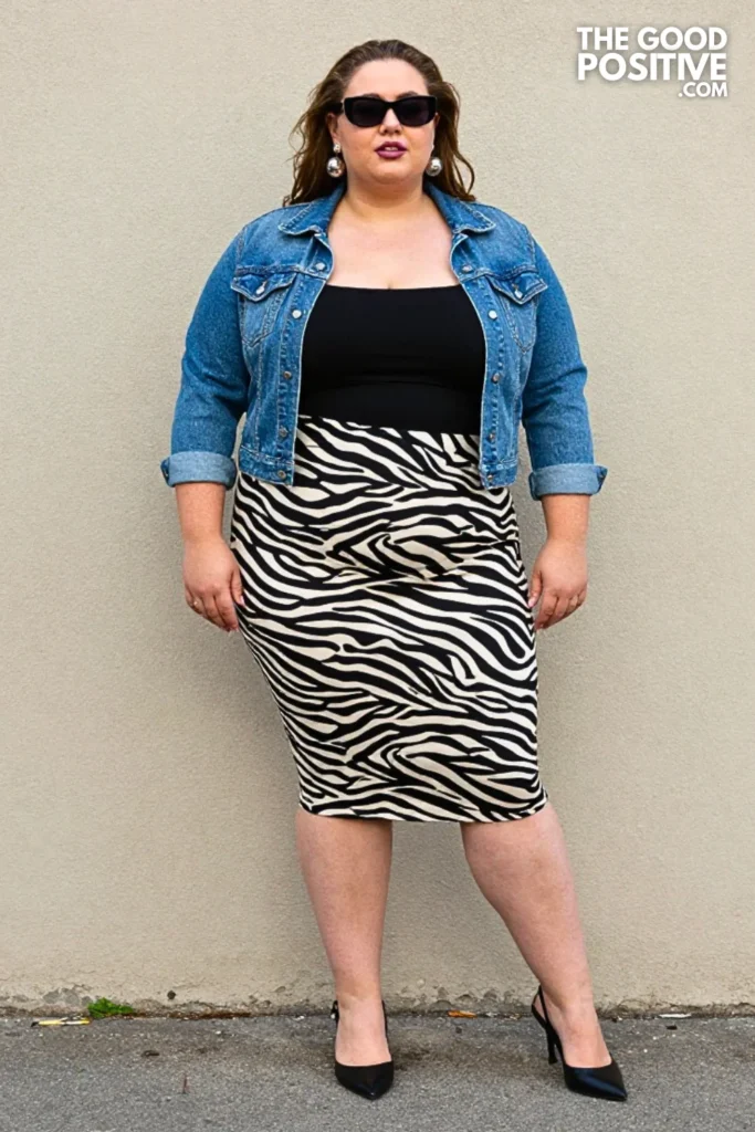 Zebra Midi Skirt With Cropped Denim Jacket