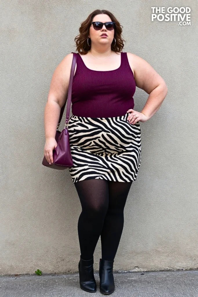 Zebra Mini Skirt With Plum Ribbed Sweater
