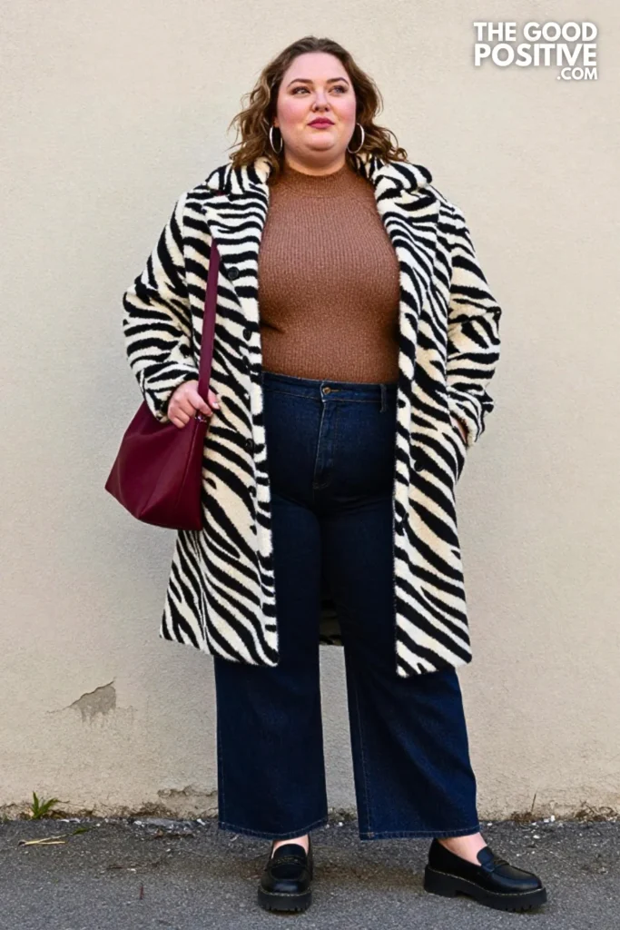 Zebra Print Coat, Chocolate Knit & Wide-Leg Denim