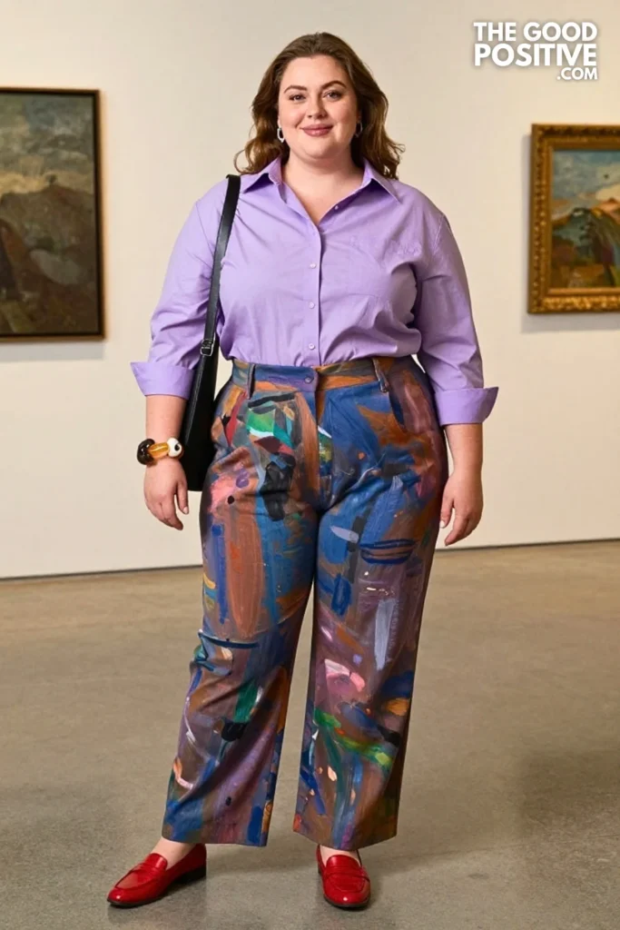 Abstract Brushstroke Trousers, Lilac Shirt & Red Loafers