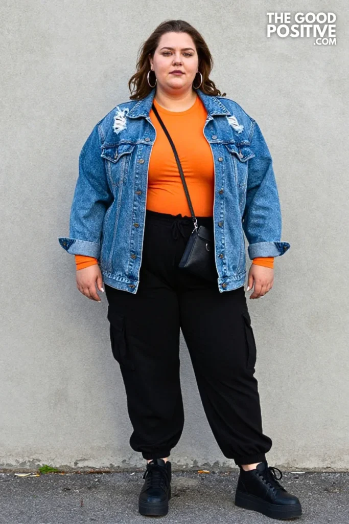 Acid-Wash Denim Jacket, Orange Mesh Top, and Cargo Pants