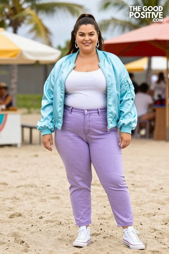 Aqua Bomber Jacket With Lavender Barrel Jeans