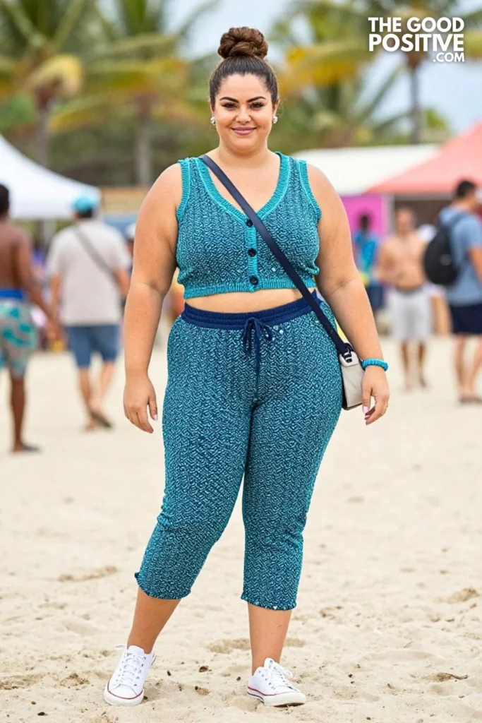 Aqua Cardigan With Patterned Navy Culottes