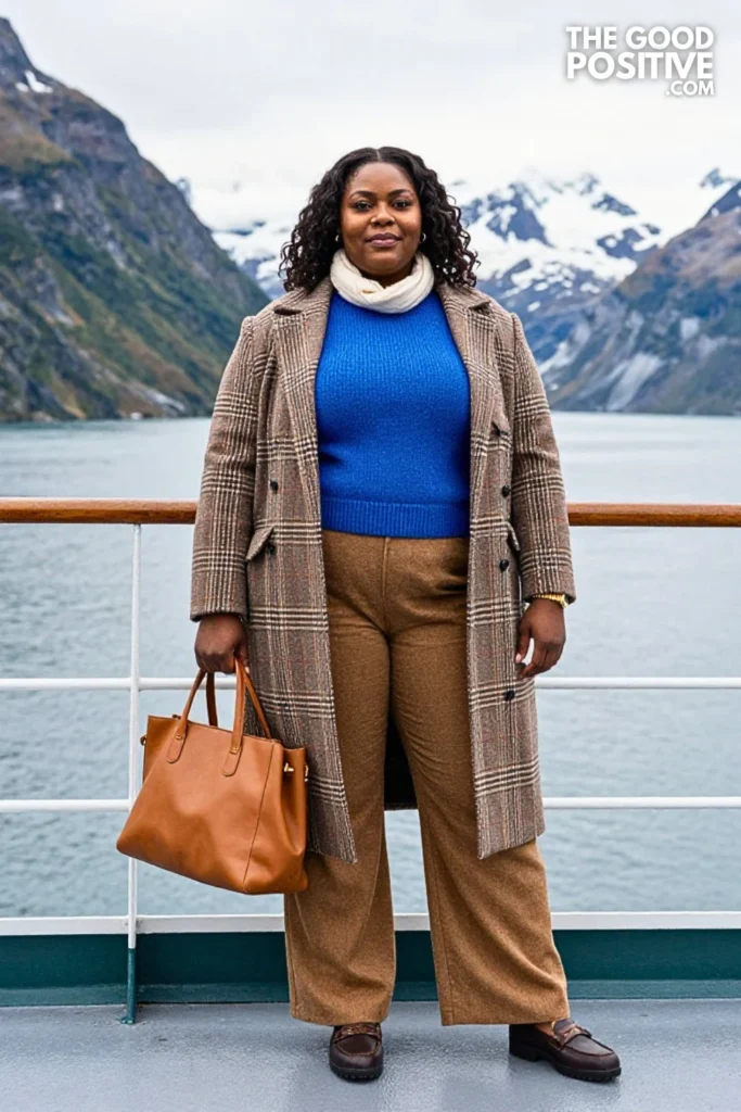 Arctic-Blue Sweater, Camel Trousers, And Plaid Coat