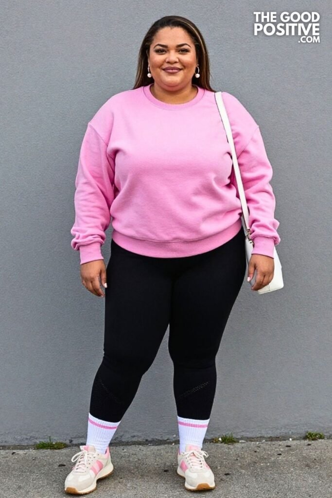Baby Pink Oversized Sweatshirt With Mesh-Panel Leggings And Retro Sneakers