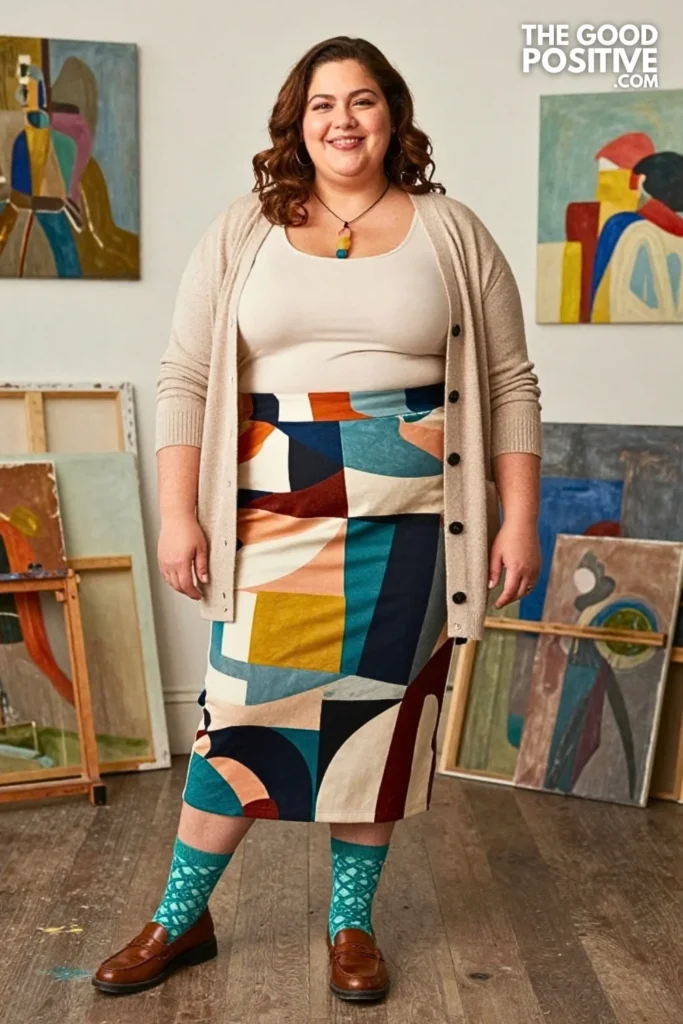 Berry Cardigan With Abstract Geometric Skirt