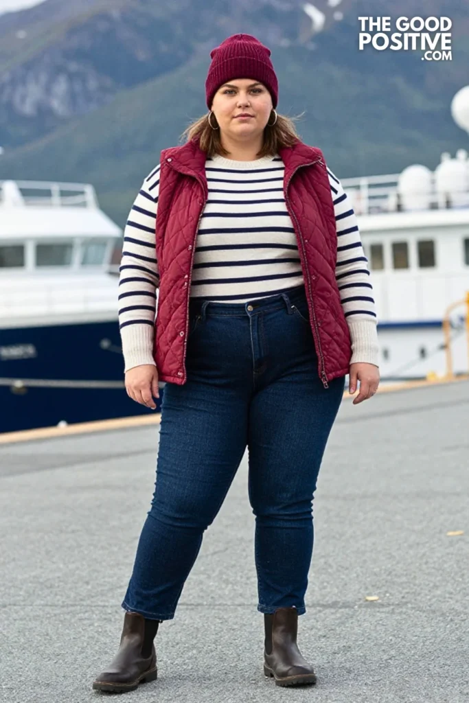 Berry Quilted Vest, Striped Sweater, And Straight-Leg Jeans