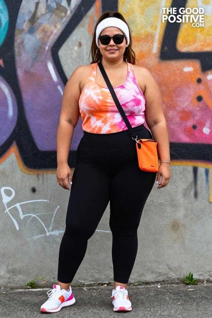 Black Capri Leggings With Tie-Dye Racerback Tank And Lace-Up Sneakers