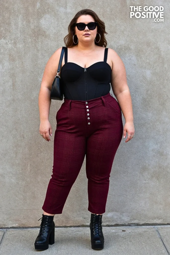 Black Corset Vest, Plaid Trousers, and Platform Boots