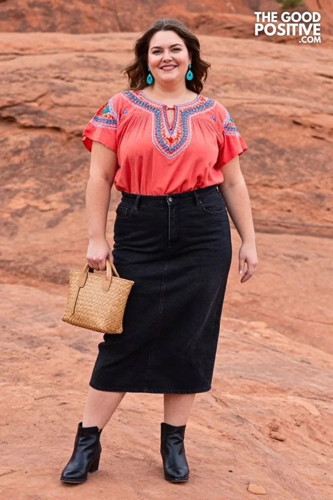 Black Denim Midi Skirt With Coral Embroidered Top