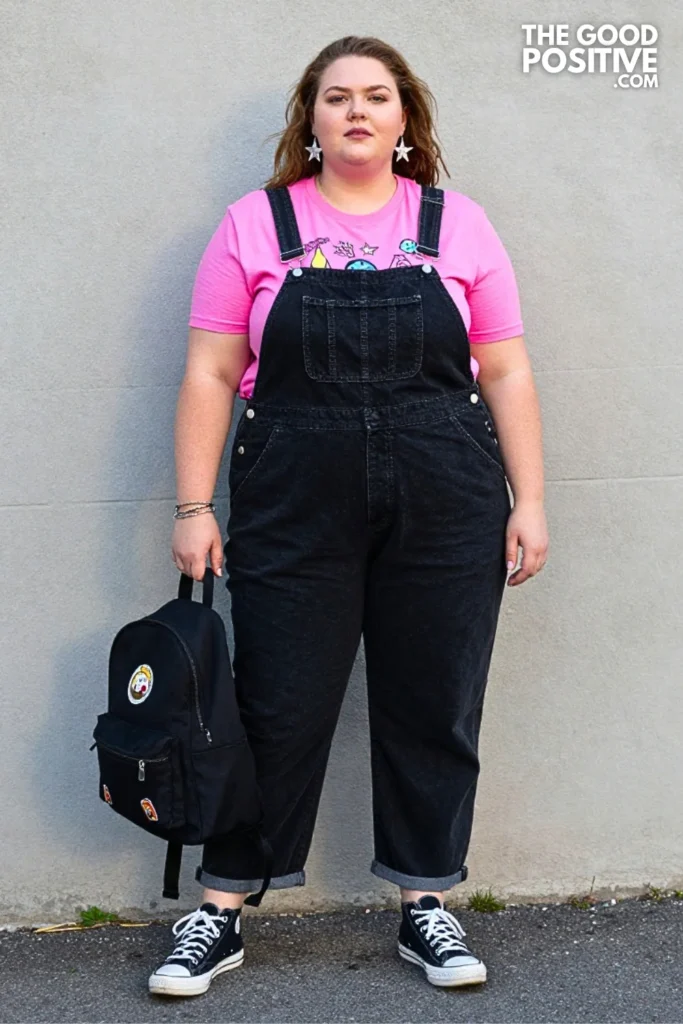 Black Denim Overalls, Pink Graphic Tee, and Lug Sneakers