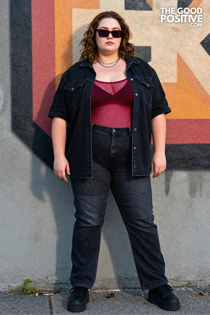 Black Denim Shirt, Red Mesh Camisole, and Patchwork Jeans