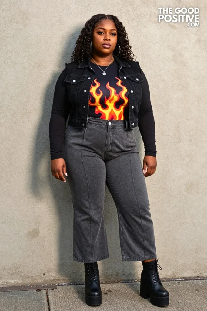 Black Denim Vest, Flame-Print Top, and Wide-Leg Trousers
