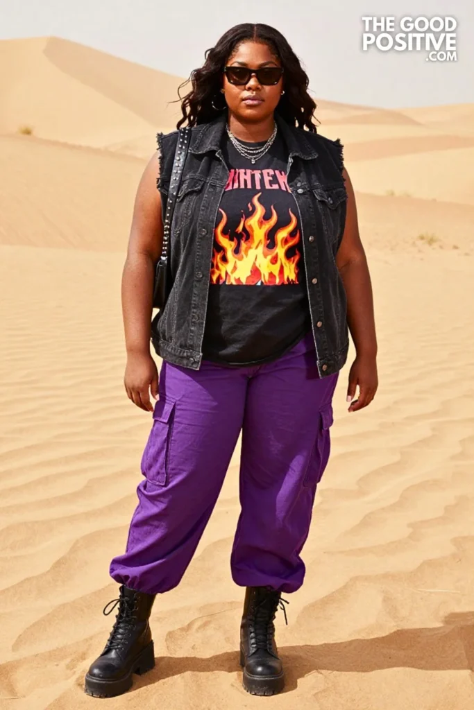 Black Denim Vest, Purple Cargo Pants, and Platform Boots