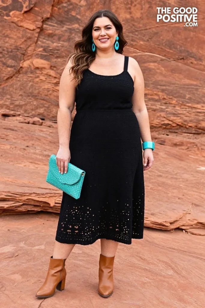 Black Eyelet Midi Dress With Turquoise Accessories