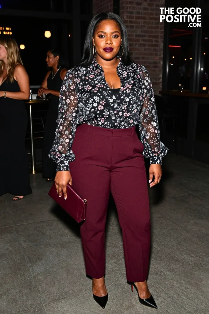 Black Floral Organza Blouse With Burgundy Trousers