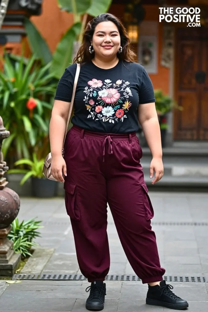 Black Graphic Tee With Plum Satin-Look Cargo Pants