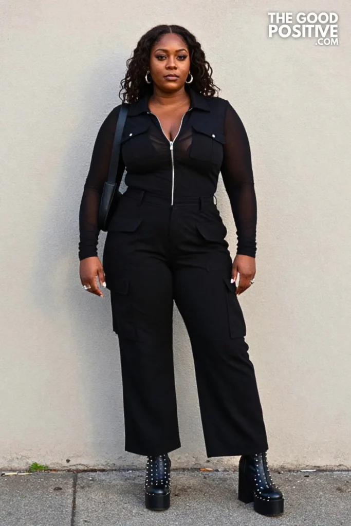 Black Jumpsuit, Sheer Sleeves, and Studded Platform Boots