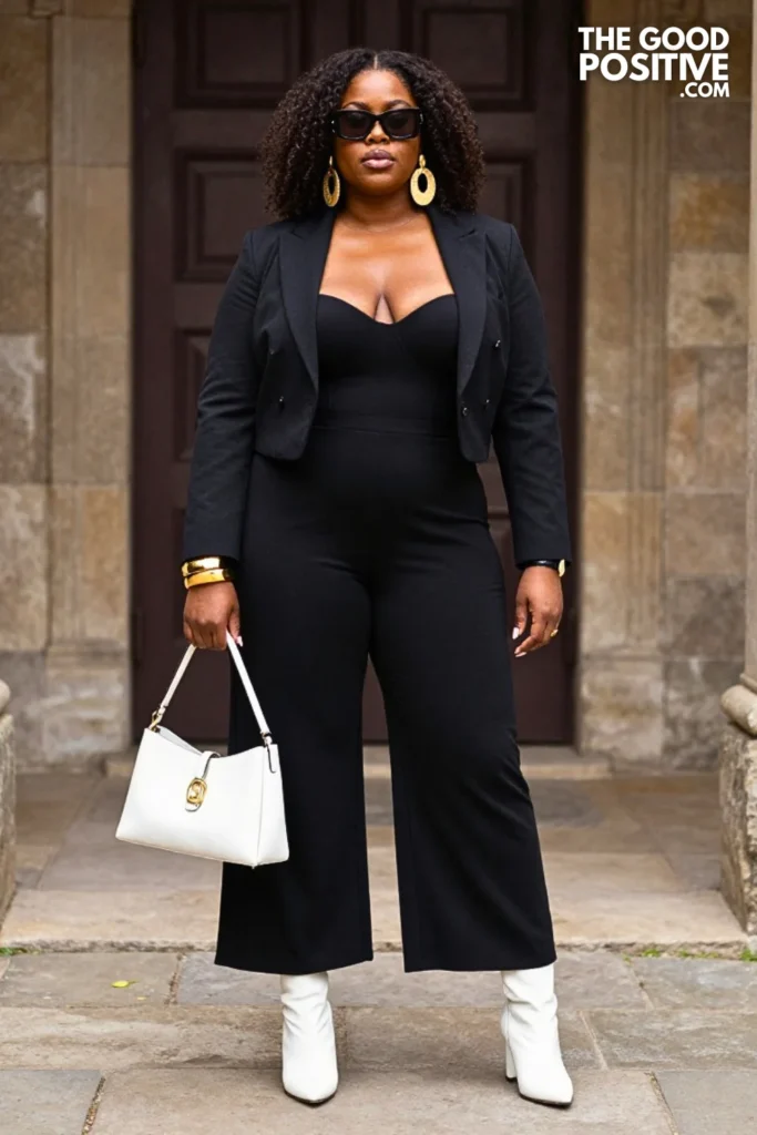 Black Jumpsuit With White Ankle Boots And Statement Earrings