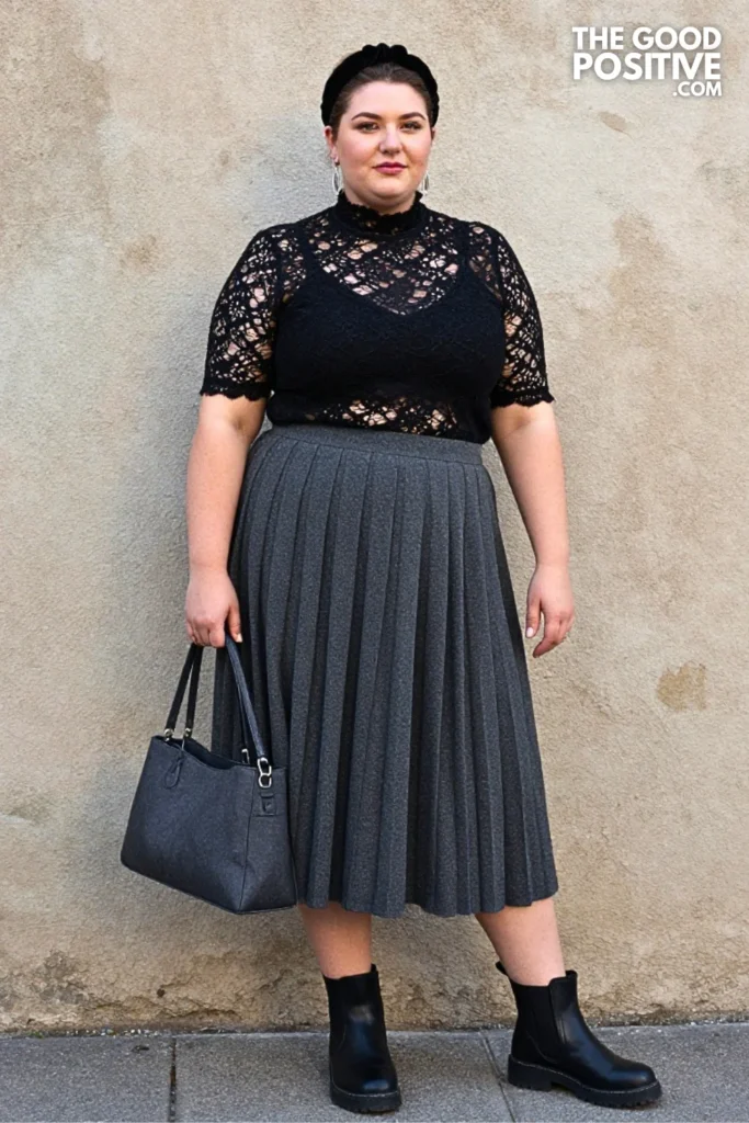 Black Lace Blouse, Charcoal Pleated Skirt, and Lug Boots