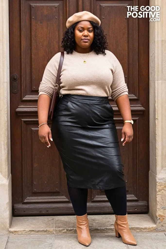 Black Leather Midi Skirt With Tan Ankle Boots