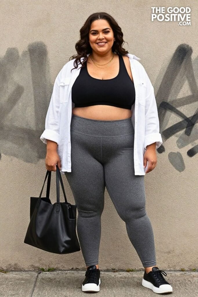 Black Longline Sports Bra With Oversized White Poplin Shirt And Gray Leggings