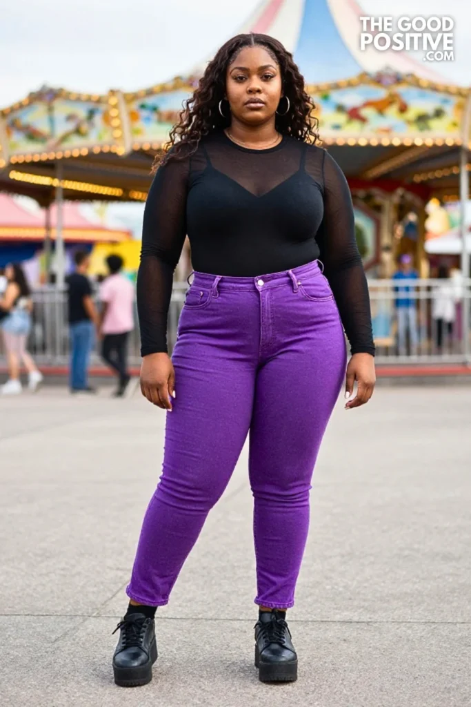 Black Mesh-Layer Tee, Purple Jeans, And Platform Sneakers