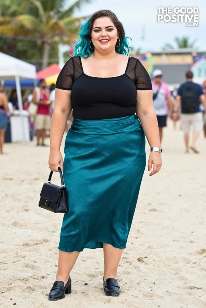 Black Mesh-Sleeve Top With Teal Satin Skirt
