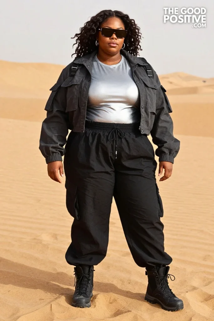 Black Parachute Trousers, Silver-Gray Top, and Trail Boots