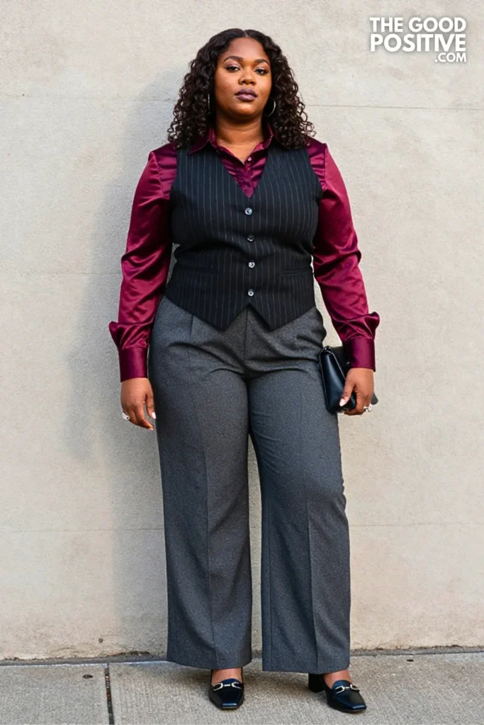 Black Pinstripe Vest, Burgundy Shirt, and Pleated Trousers