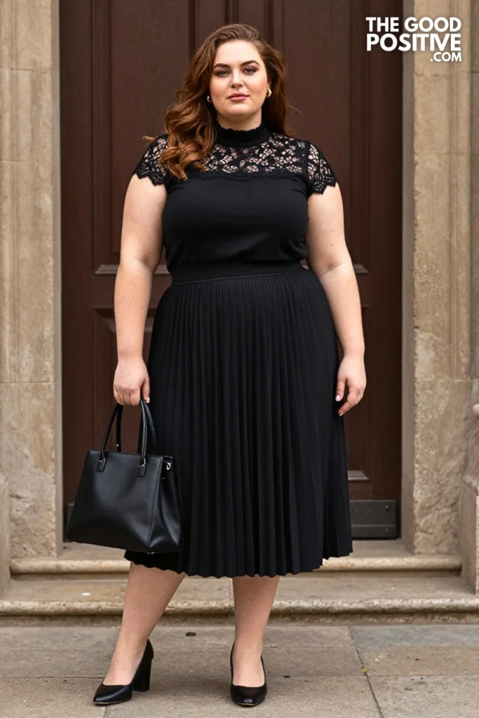 Black Pleated Skirt With Black Lace-Trim Blouse