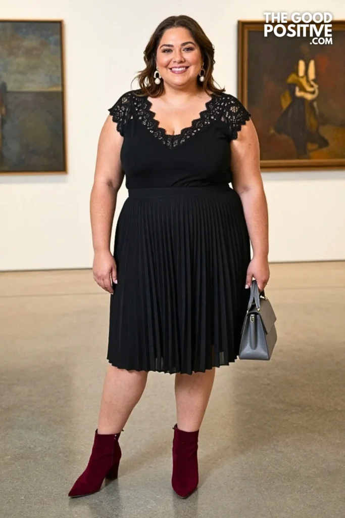 Black Pleated Skirt With Lace-Trim Blouse
