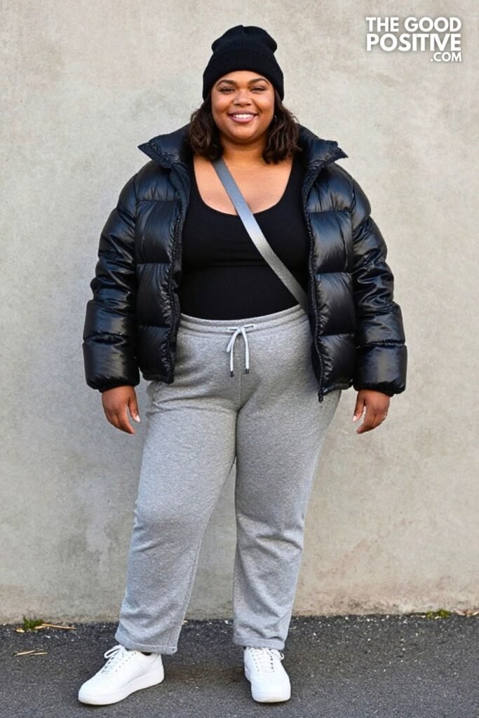 Black Ribbed Tank With Gray Straight-Leg Sweatpants And Cropped Puffer Jacket
