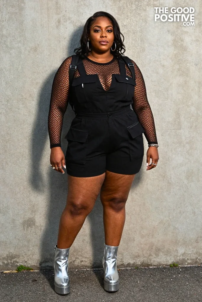 Black Romper, Fishnet Layer, and Silver Platform Boots