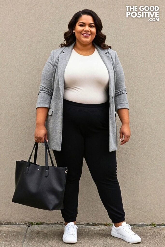 Black Tapered Joggers With Longline Tunic Tee And Soft Gray Blazer