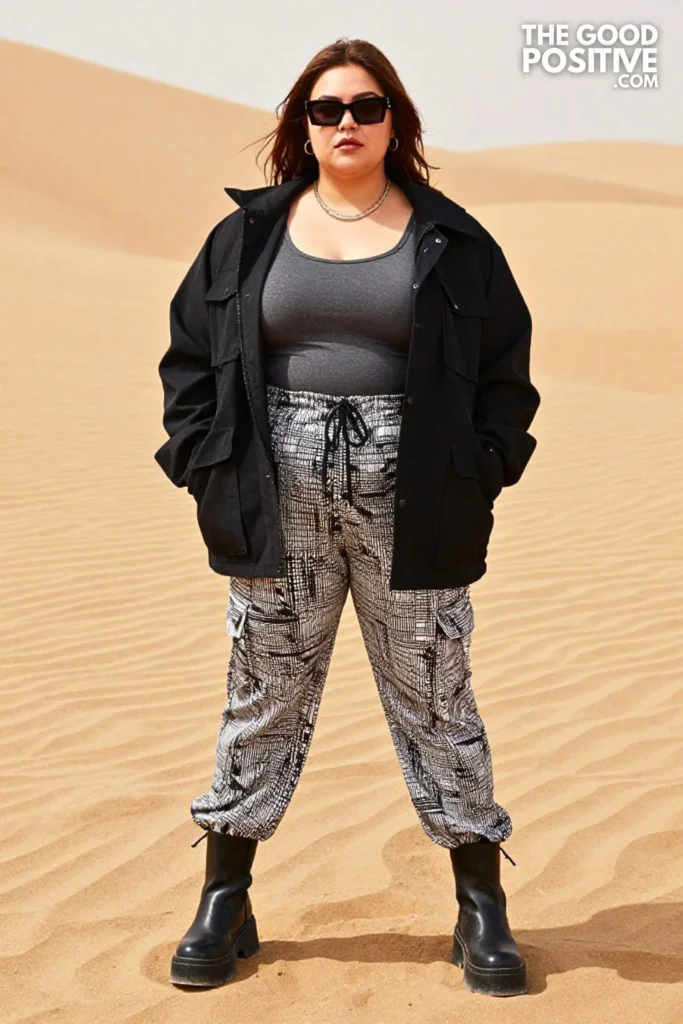 Black-and-White Graphic Pants, Cropped Jacket, and Platform Boots