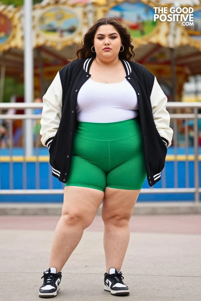 Black-and-White Varsity Top, Green Shorts, And Sneakers