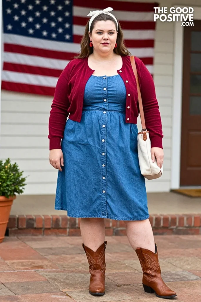 Blue Chambray Dress With Red Cardigan