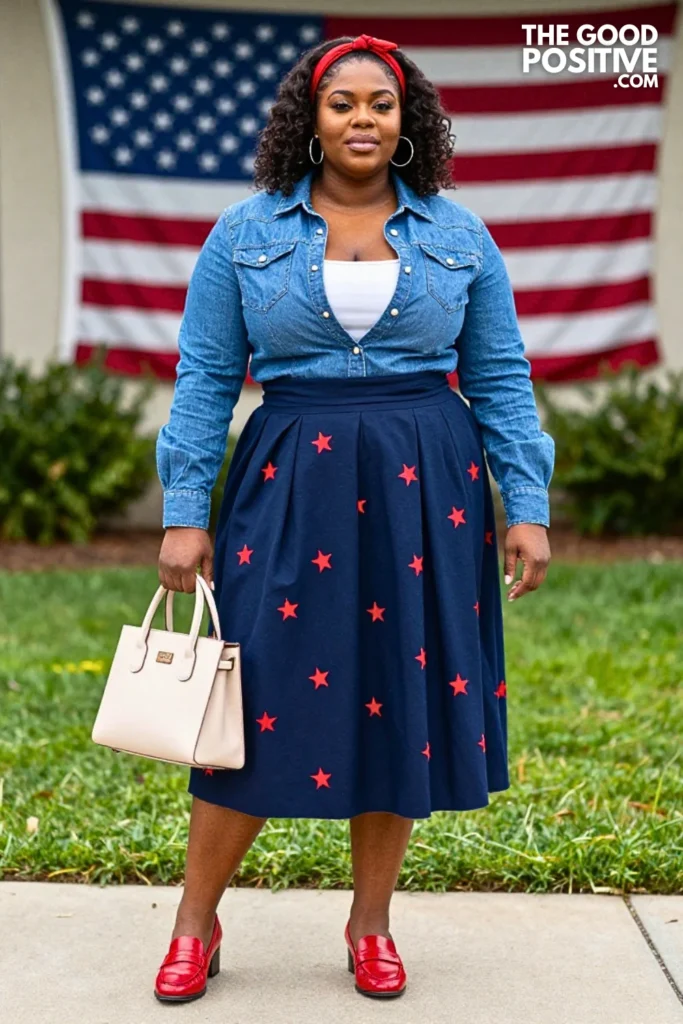 Blue Denim Shirt With Patriotic Pleated Skirt