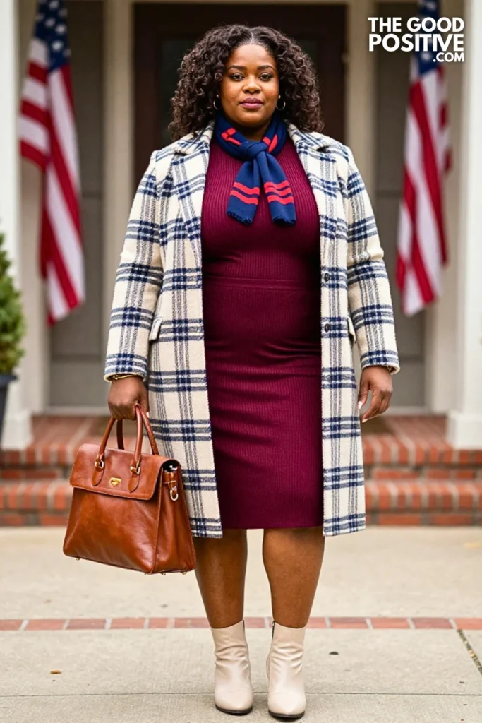 Blue Plaid Coat With Red Knit Dress