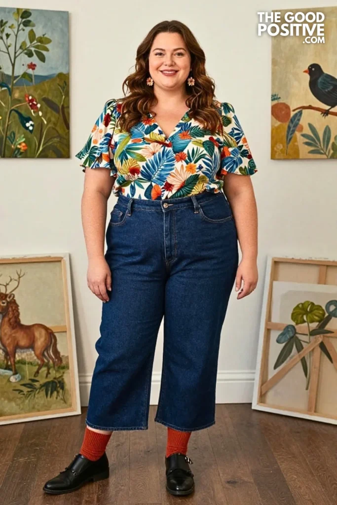 Botanical Print Blouse With Barrel Denim