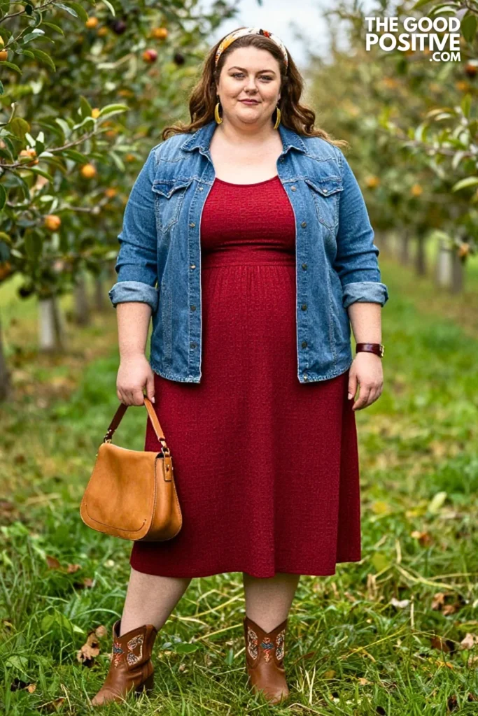 Brick-Red Midi Dress, Denim Shirt & Embroidered Boots