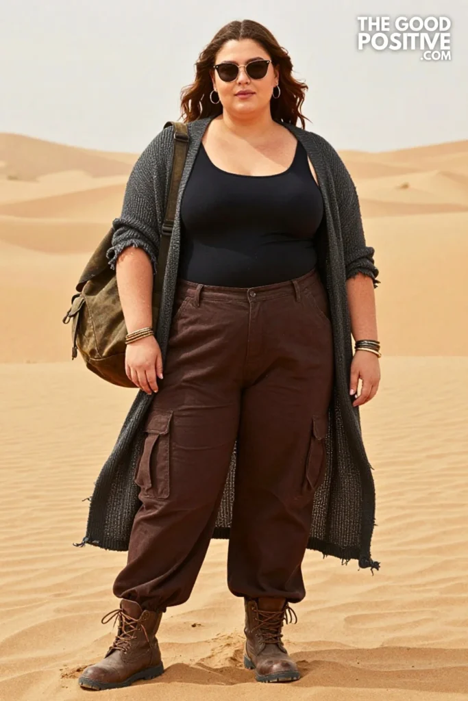 Brown Cargo Trousers, Distressed Cardigan, and Lug-Sole Boots