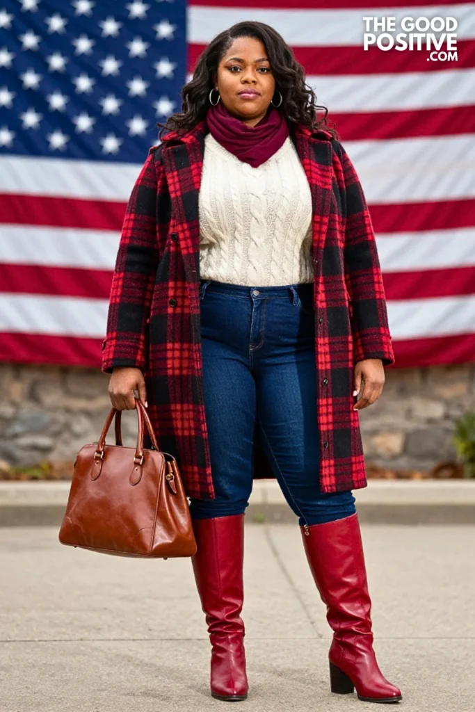 Buffalo Plaid Coat With Denim And Red Boots