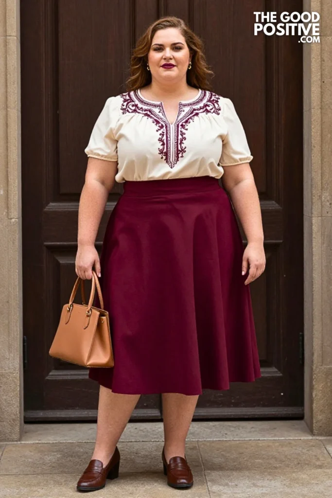 Burgundy A-Line Skirt With Embroidered Blouse
