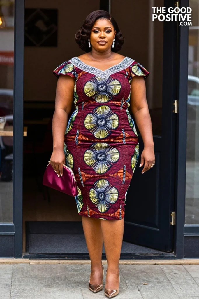 Burgundy Ankara Wedding Guest Fit-and-Flare Dress