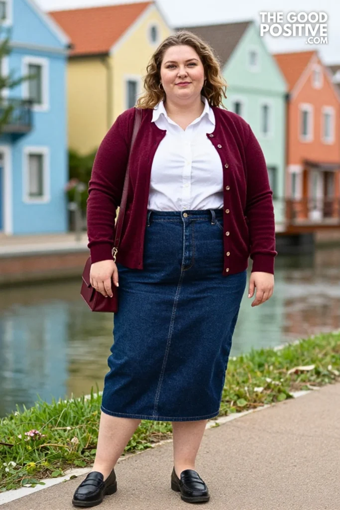 Burgundy Cardigan, Denim Midi Skirt, and Loafers