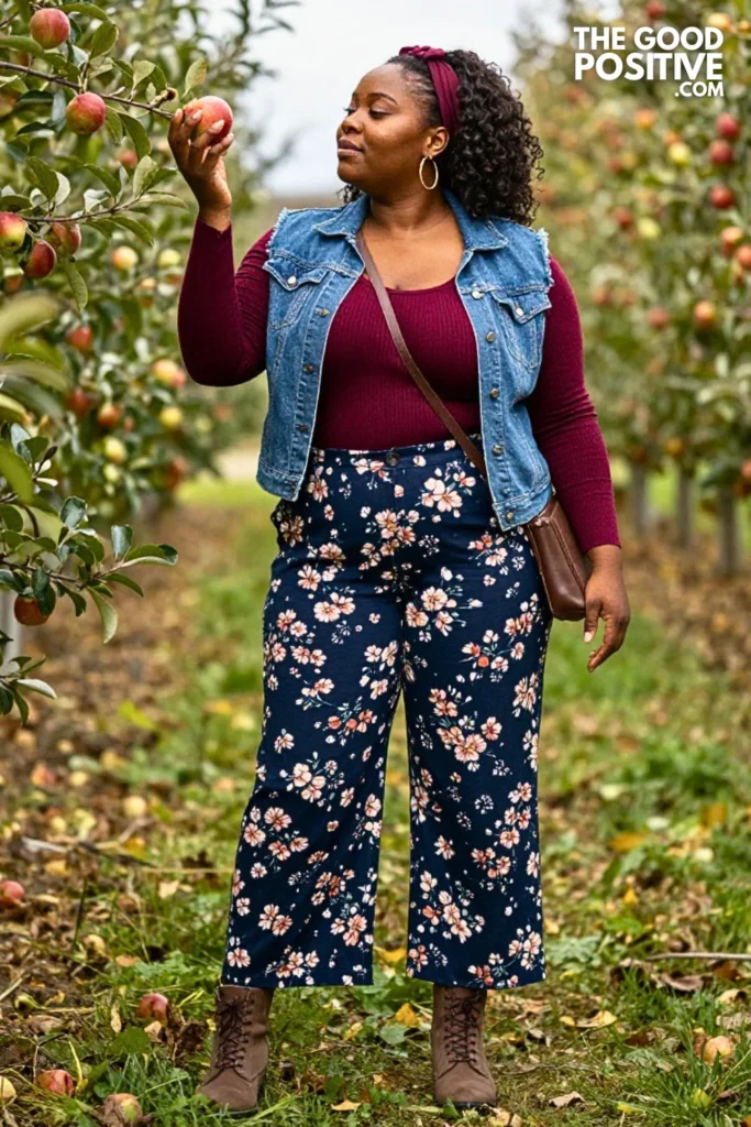 Burgundy Knit Tunic, Floral Trousers & Denim Jacket